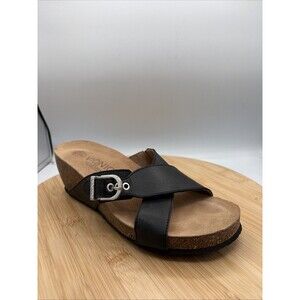 Vionic Danette Black Leather Cork Wedge Sandal Orthaheel Comfort Women Size 7